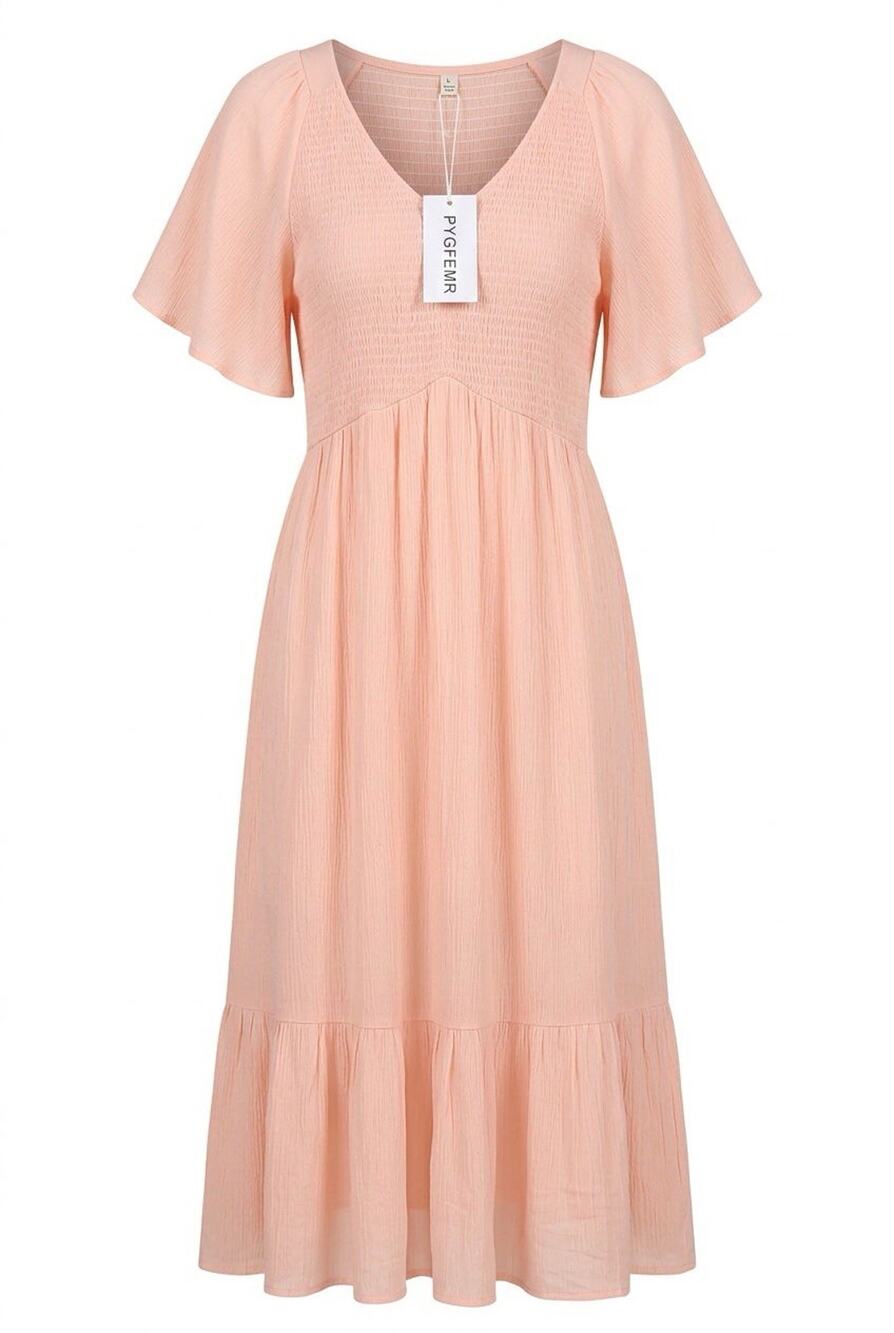 PYGFEMR light pink NWT maxi dress smocked bodice & delicate flutter sleeves - L
